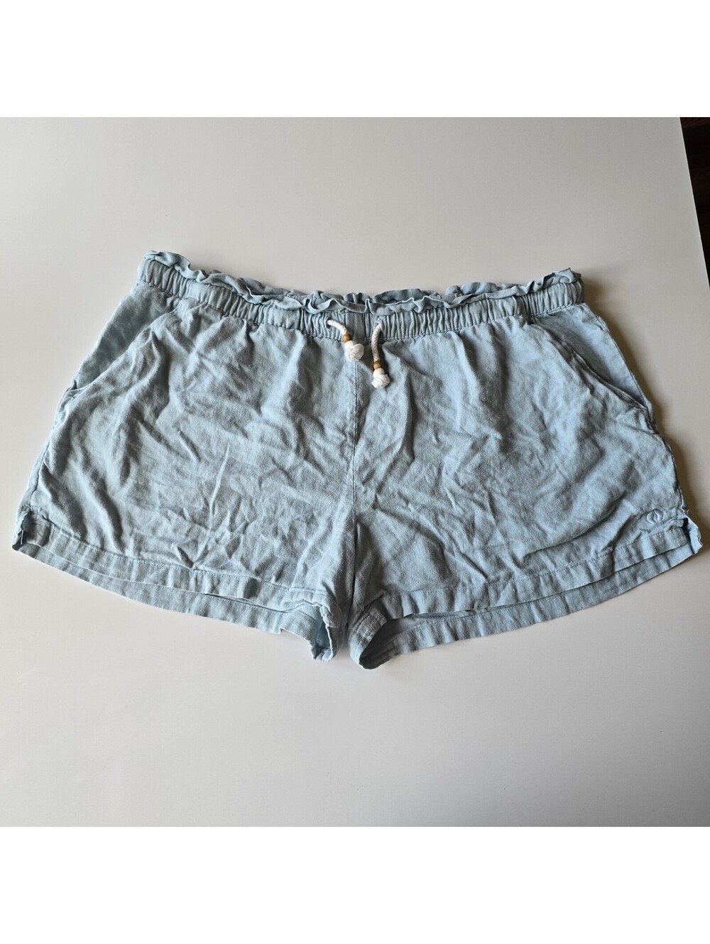 Hang Ten Womens XL Light Blue Linen Blend Paperbag Waist Drawstring Beach Shorts